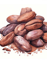 Obraz premium cocoa beans, watercolour style, white background сreated with Generative Ai