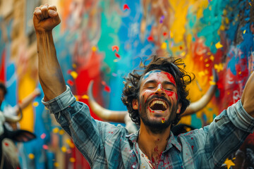 A man with paint on his face celebrating with confetti and a fist pump against a colorful backdrop