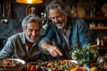 Two senior men share a laugh while preparing a healthy meal at home - Powered by Adobe