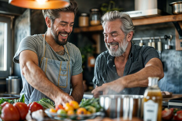 Joyful father and son cooking together in kitchen