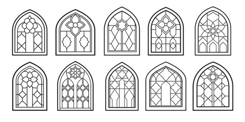 Vector set of cartoon stained glass windows for the design of children's books, coloring books - obrazy, fototapety, plakaty