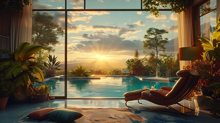 a chair in front of a window next to a pool at sunset