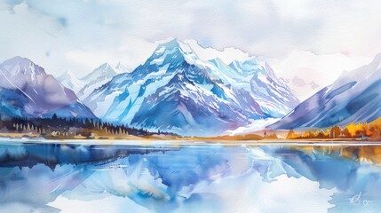 A watercolor painting depicting a majestic mountain range in the background with a calm lake in the foreground. The snow-capped peaks of the mountains are reflected in the clear blue waters of the lak - Powered by Adobe