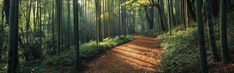 A path winds through a dense bamboo forest, surrounded by towering green bamboo stalks. The...