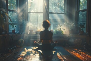A person meditates in lotus position amidst sunbeams in a cozy, plant-filled room. - obrazy, fototapety, plakaty