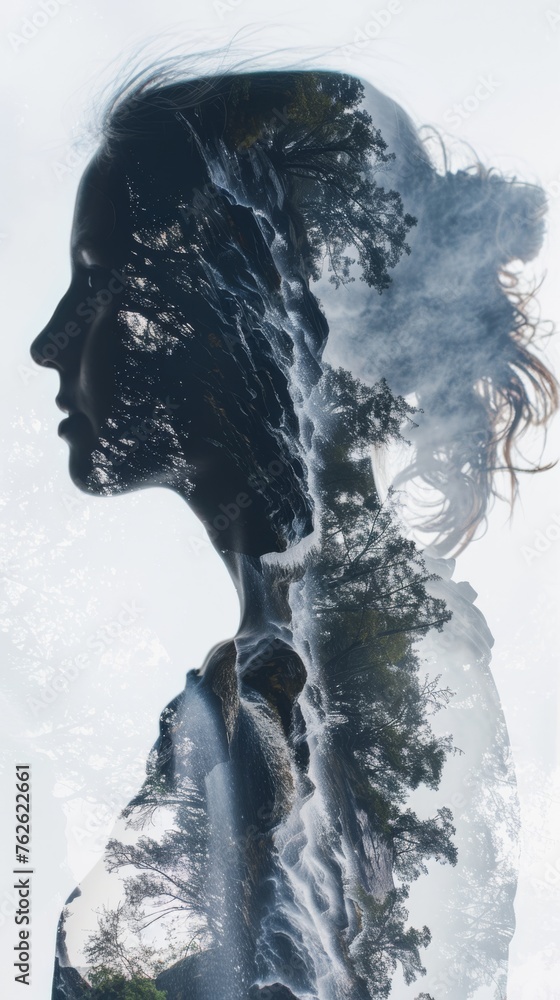 Poster A womans face is reflected in the rippling water, creating a double exposure effect. The image captures the serene expression on her face as it merges with the reflective surface below.