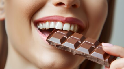 a woman eating a chocolate bar