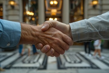Two business professionals engage in a firm handshake in a reflective marble lobby. - obrazy, fototapety, plakaty
