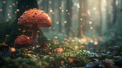 a group of mushrooms with red caps - obrazy, fototapety, plakaty
