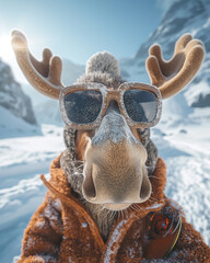 Wide angle selfie of a cute moose while snowboarding in snow sunglasses against a background of snowed mountains. Generative AI