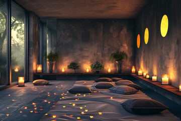 A peaceful meditation room with candles and cushions for relaxation. Interior design with pillows and candles creating a cozy atmosphere on the floor - obrazy, fototapety, plakaty