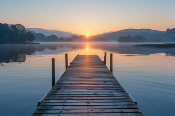 A beautiful sunrise over a calm lake, perfect for early morning exercise. Wooden dock extends into serene lake under the afterglow of a sunset - Powered by Adobe