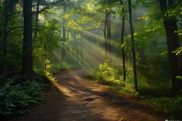 Foto op Plexiglas A serene forest trail with sunlight filtering through the trees. The sun filters through the trees on a dirt road in the forest © ivlianna