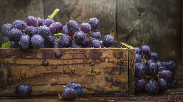 A cluster of ripe grapes, glistening with dewdrops, nestled in a rustic wooden crate, evoking the essence of a bountiful harvest.