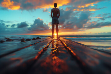 A person doing calisthenics exercises on a beach boardwalk at sunrise. Man gazes at ocean from pier at sunset, surrounded by water, sky, and afterglow