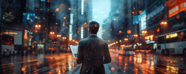 Back view of a businessman holding a newspaper, standing on a rainy city street at night with vibrant street lights reflected on the wet surface