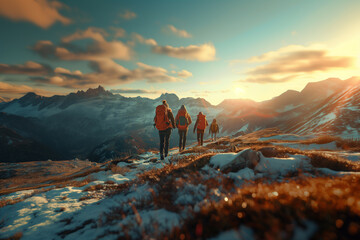A group of friends hiking together in the mountains. Group hiking in mountains at dusk, under colorful sky - obrazy, fototapety, plakaty