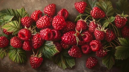 A cluster of ripe raspberries, their plump red exteriors bursting with sweetness, arranged in a tantalizing display of natural abundance. - obrazy, fototapety, plakaty