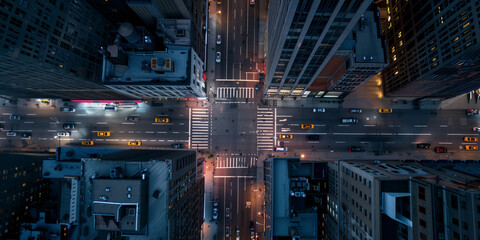 A top-down night-time view of bustling city streets, glowing with the lights of traffic and skyscrapers - Powered by Adobe