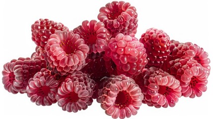 A cluster of ripe raspberries, their plump red exteriors bursting with sweetness, arranged in a tantalizing display of natural abundance.