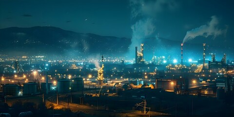 Smoke pollution from factory chimneys at night in carbon capture facility. Concept Smoke Pollution, Factory Chimneys, Carbon Capture Facility, Nighttime, Environmental Impact - obrazy, fototapety, plakaty