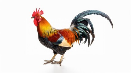 rural life with a proud rooster, isolated against a clean white background, showcasing its vibrant feathers and majestic stature