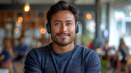 Obraz premium Young man works in an office speaking through headphones with a microphone or as a call center