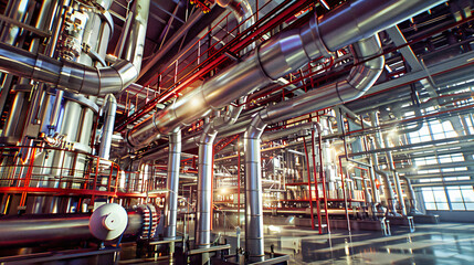 Steel pipes and industrial infrastructure, emphasizing the power and energy systems in a factory setting - obrazy, fototapety, plakaty