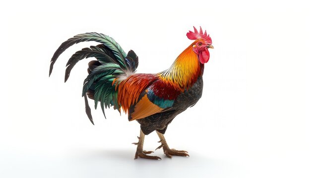 rural life with a proud rooster, isolated against a clean white background, showcasing its vibrant feathers and majestic stature