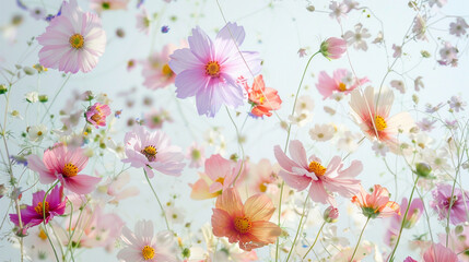  a closely-up shot of tiny, multicoloured Cosmo flowers on a spotlessly white canvas