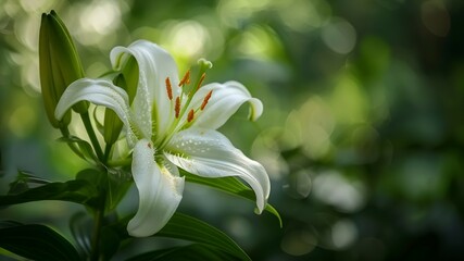 a white varietal lily flower on a branch in the garden in spring and summer against a background of green leaves with a side, The concept of the online flower shop catalog