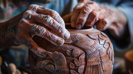  a close-up of the hands of a potter moulding a clay vessel decorated with elaborate patterns derived from different bird species