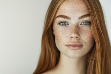 Portrait of a brown-haired girl with freckles. Light blue eyes, plump lips, thick eyebrows. Gray background, free space. - obrazy, fototapety, plakaty