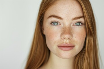 Portrait of a brown-haired girl with freckles. Light blue eyes, plump lips, thick eyebrows. Gray background, free space