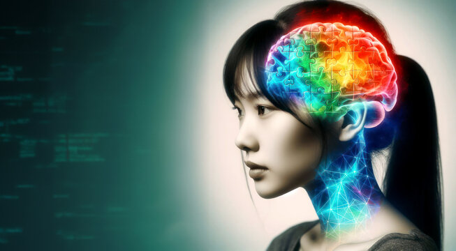 Asian teenage girl with colorful brain-shaped puzzle pieces, concept of mental health in children, world autism awareness day, and concept of autism spectrum disorder in adolescents.World Brain Day