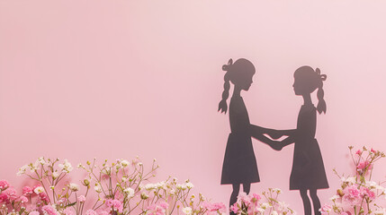 Silhouettes of two sisters against a pink background, commemorating National Siblings Day