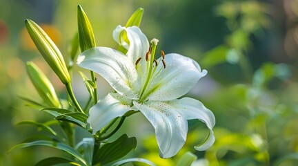 close-up of a white varietal lily flower on a branch in the garden in spring and summer against a background of green leaves on the side, the concept of an online flower store catalog