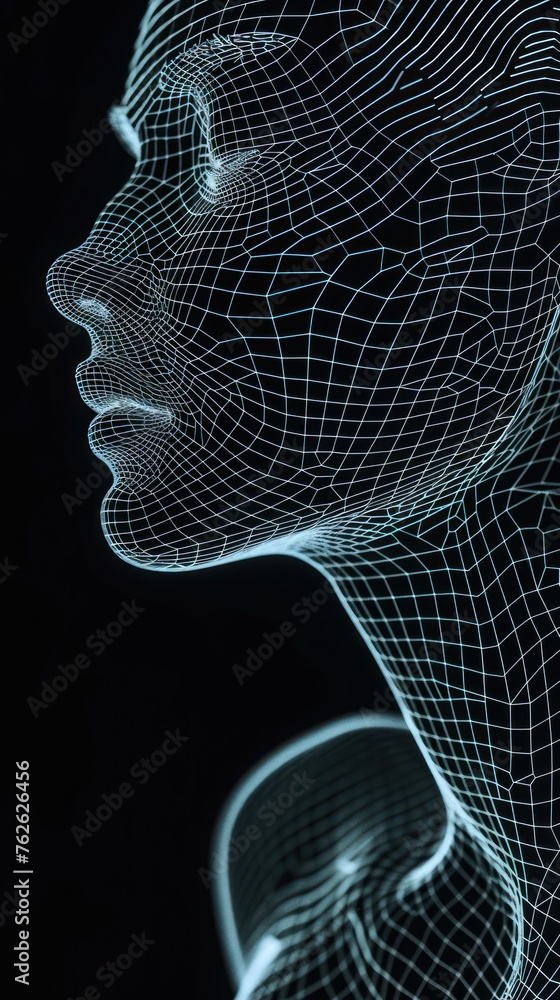 Poster neon glowing 3d wireframe model of womans face generative ai