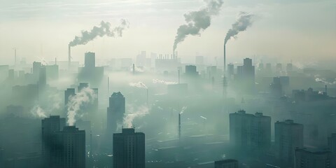 An industrial cityscape with factory pollution under a hazy smogfilled sky. Concept Cityscape Photography, Industrial Pollution, Urban Environment, Smog Effects, Atmospheric Conditions