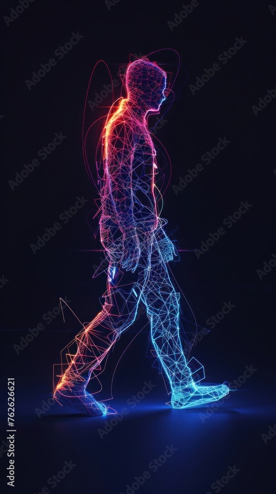 Poster digital man walking in dark with blue background generative ai