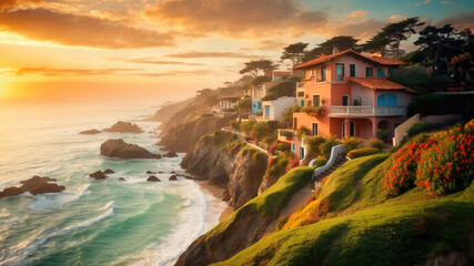 Coastal Serenity at Sunset: Luxurious Oceanfront Idyll - obrazy, fototapety, plakaty