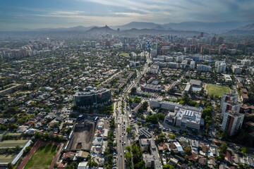 Fototapeta premium Aerial view of the Church of San Vicente de Ferrer de Los Dominicos in Santiago de Chile and magnificent City