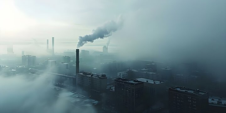 A polluted industrial cityscape under a hazy smog-filled sky. Concept Industrial Pollution, Smog, Cityscape, Hazy Sky, Urban Environment
