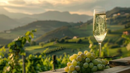 A glass of white wine on a wooden table against the backdrop of a large vineyard. During sunset or sunrise to enhance the warmth and atmosphere of the scene.