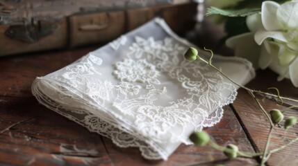 A dainty lace handkerchief, delicately embroidered with intricate patterns, exuding an aura of refined elegance and timeless charm.