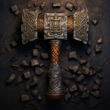dwarven blacksmith hammer, flat lay, top view сreated with Generative Ai