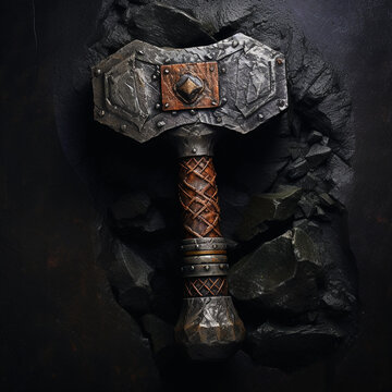 dwarven blacksmith hammer, flat lay, top view сreated with Generative Ai
