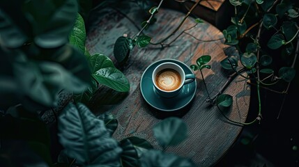 A cup of coffee on a table in an empty, dark room, surrounded by plants to highlight detail and texture. Soft but focused lighting creates a cozy atmosphere that highlights the darkness around you