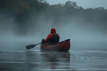 A solitary traveler in a red kayak paddles through a tranquil, misty waterway.