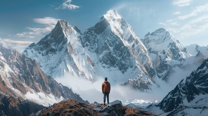 of a person in the foreground to create a sense of perspective, with majestic mountain peaks rising in the background. - obrazy, fototapety, plakaty